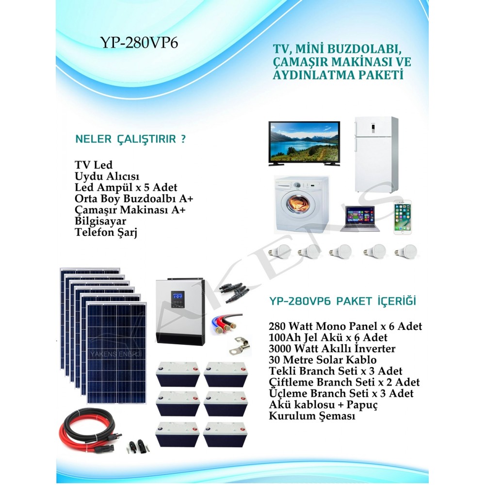 Çamaşır Makinası + Büyük Boy Buzdolabı + Tv + Aydınlatma Hazır Solar Paket YP-280VP6 